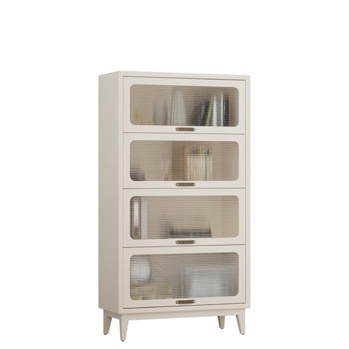 Image of AnywaysWood 60 inch H Solid Wood Bookcase 5 tire with Tempered Glass Doors,Wooden Pantry Cabinet for Kitchen, Book case Shelves for Collectibles, Living Room Bedroom Home Office(White, 60'H*31.5'W*15'D)