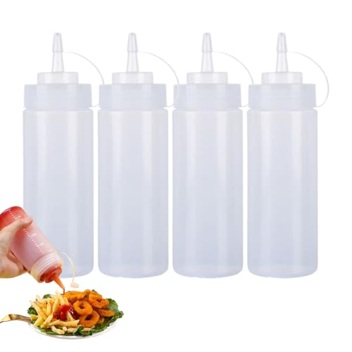 Noaxylic 4 Stück 350ml Squeeze Flasche, Quetschflasche mit Versiegelt Kappen, Soßenflaschen, Kunststoff Quetschflasche, BPA Frei Dosierflasche, Saucenflasche, für Ketchup, Scharfe Soße, Salatsaucen
