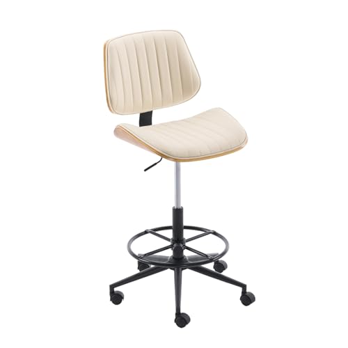 Image of Drafting Home Office Chair, Swivel Desk Chair with Bend Wood Backrest, Ergonomic Office Chairs with Adjustable Height and Footrest Ring for Bar Lab Counter Height Desk and Drawing (Ivory)