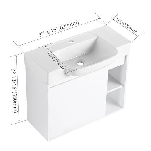 Image of 28 inch Bathroom Vanity with Ceramic Sink, Modern Wall-Mounted Bathroom Vanity with Soft-Close Door & 2 Open Storage Shelves, Farmhouse, Undermount Storage Cabinet, Easy to Clean, Glossy White