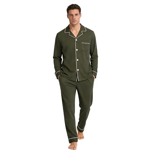 Image of U2SKIIN Mens Cotton Pajama Set, Soft Long Sleeve Pajamas for men Lightweight Button Up Sleepwear Lounge Pjs Set with Pockets