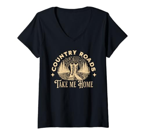 Womens Country Roads Take Me Home Cowboy Western Virginia Retro V-Neck T-Shirt