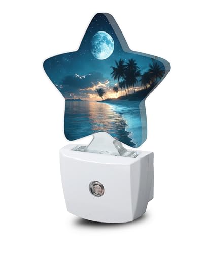 Image of Moon Beach Night Light,Tropical Palm Tree Plug-in Star Night Lights with Dusk-to-Dawn Sensor for Bedroom,Bathroom,Living Room Sleep Friendly Lamp for Women Girls Boys Gift,0.5W