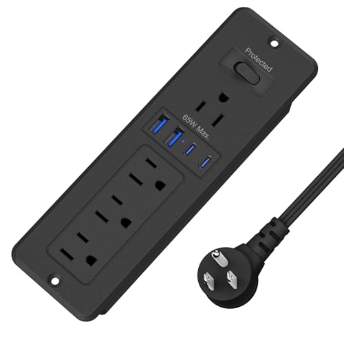 65W GaN USB C Recessed Power Strip Flush Mount Hidden Charger Station 4 AC Outlets & 4 USB Ports Recessed Outlet for Desk Drawer Home Office Furniture-6FT