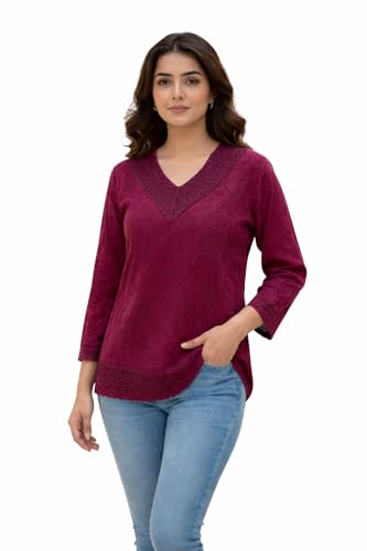 Image of Stylish Maroon Women Top with Embroidered V Neck Three Quarter Sleeves Comfortable Casual Wear