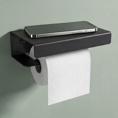 Mai & Mai Toilettenpapierhalter mit Ablage, Klopapierhalter WC aus Aluminiumlegierung, Toilettenpapier Halterung Rollenhalter Sandschwarz 20cm Lino-05