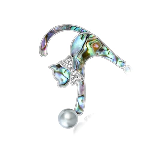 Elegante broche felino con perlas de concha y detalles de cristal, cierre seguro, joyería para un atuendo versátil, diamantes de imitación, perlas y gatos