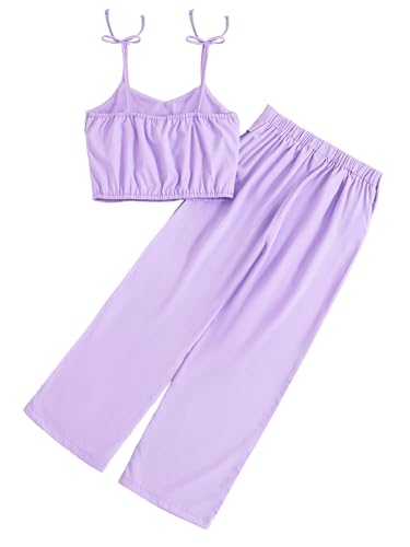 Image of Girl's 2 Piece Outfits Casual Button Spaghetti Strap Knot Cami Top and High Waist Wide Leg Pants Set