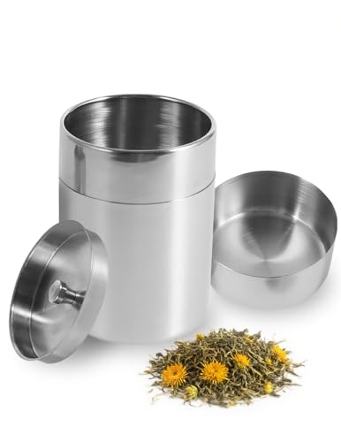 EALRIDV Caja de té de acero inoxidable, latas de té para té suelto, lata de café con doble tapa hermética, recipiente redondo para especias, recipientes pequeños para té, café, azúcar, cacao y