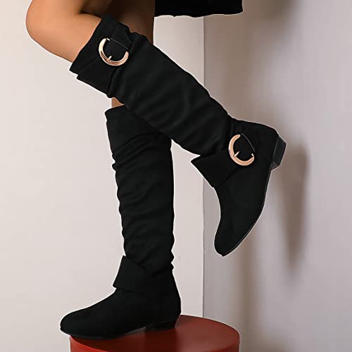Trendenzy Women's Flat Knee High Buckle Slouch Boots Chunky Low Heel Slip On Boots3