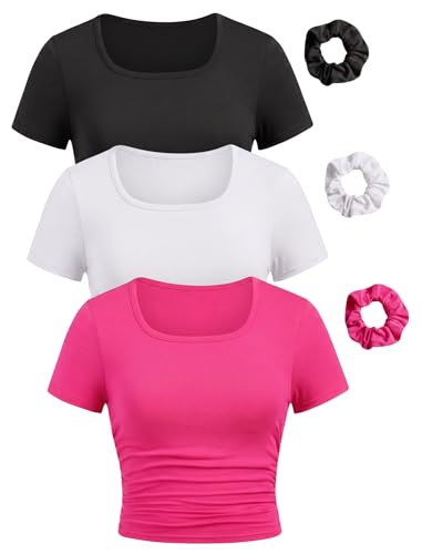 Image of EXARUS 3 Pack Girls Square Neck Top Fitted Tshirt Trendy Cute Crop Tops Tee