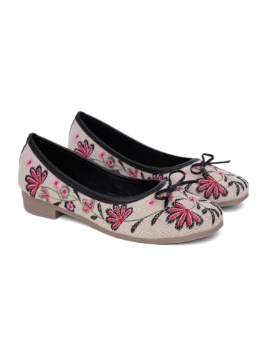Image of TRYME Floral Embroidered Bow Ballerina Shoes for Women | Lightweight Slip-On Belly Flats | Soft Sole Comfortable Casual Footwear