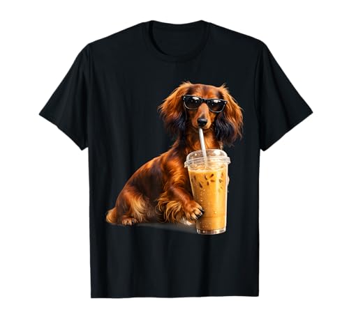 Funny Dachshund Drinking Iced Coffee Lover Humor T-Shirt