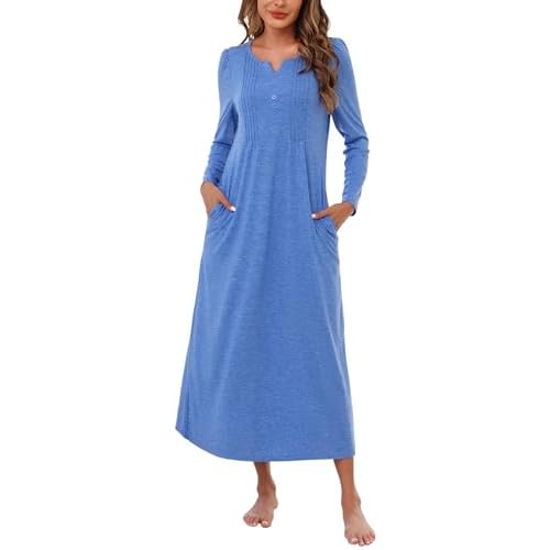 Marvmys Womens Cotton Long Sleeve Nightgowns Soft Ladies Sleep Shirts V Neck Full Length Night Shirts Sleepwear with Pockets Cobalt Blue X-Large