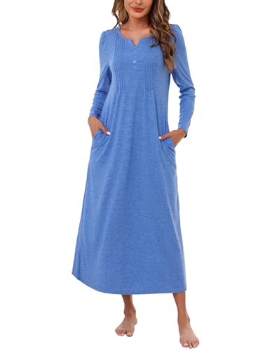 Image of Marvmys Womens Cotton Long Sleeve Nightgowns Soft Ladies Sleep Shirts V Neck Full Length Night Shirts Sleepwear with Pockets