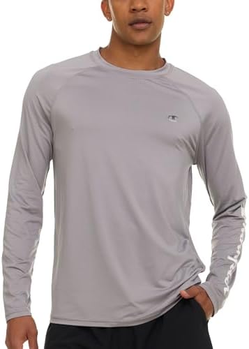 Champion Rash Guard for Men, Long Sleeve Mens Swim Shirt for Fishing Hiking UPF+ 50 SPF Sun UV Protection, Quick Dry, Light Grey, Small
