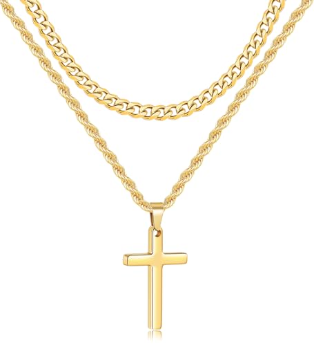 Fiusem 2 Pcs Cross Necklace Chain for Men and Women, Layered Mens...