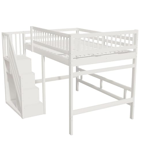 Etagenbett 140x200, Kinderbett Hochbett mit Treppe und Aufbewahrungsschrank, Funktionsbett Doppelbett Stockbett Spielbett Kinderhochbett Jugendhochbett mit Lattenrost, Massivholz, Ohne Matratze, Weiß