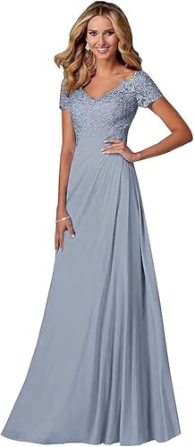 V Neck Appliques Mother of The Bride Dress Long Chiffon Prom Formal Evening Party Dresses for Women with Short Sleeves2
