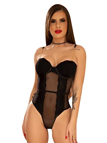 Body Sexy Lingerie com Bojo em Renda e Tule com Alças de Correntes (G, Preto)