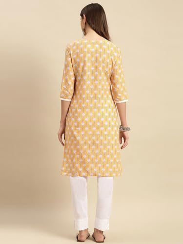 Image of rangita Yellow Cotton Knee Length Printed Straight Kurti for Women | Kurta for Women