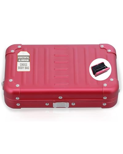 Image of Horizontal All Aluminum Crossbody Bag - Lightweight Compact Travel Case with Adjustable Strap, RF Blocking, Interior Pockets & Secure Clasp - Stylish Over-Shoulder Bag for Men & Women (Ruby)