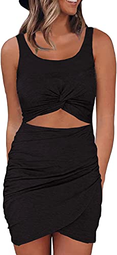 Zalalus Sexy Summer Twist Front Club Party Dresses for Women Sleeveless Cutout Bodycon Tank Short Sundress (Black, Medium)