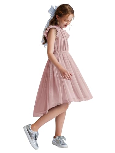 Quedoris Girls Tulle Dress Elastic Neck and Waist Three Layers Ruffle Sleeve Cocktail High Low Party Casual Dress4