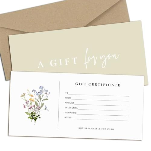 Blank Gift Certificates with Envelopes, 3.5' x 7.25' Blank Gift Certificates for Business, Salon,...