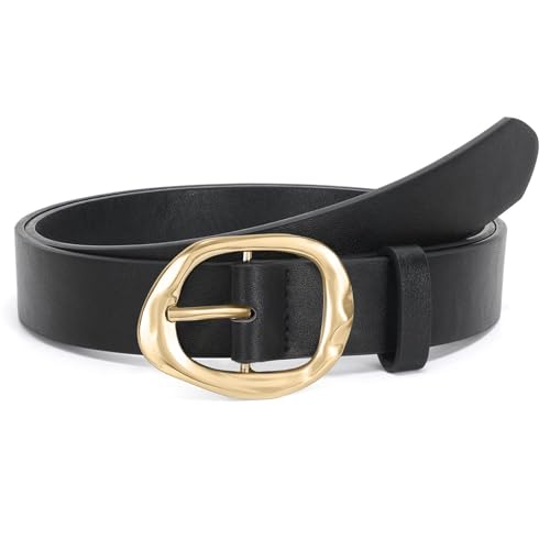Women's Leather Belt for Jeans and Dresses, Black Brown with Gold Silver Buckle