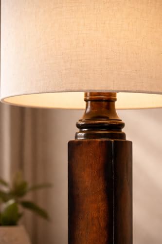 Image of tu casa Mango Wood Table Lamp with Satin Cobra Saffron Print Shade | Handmade Rustic Bedside Lamp for Bedroom, Living Room & Home Decor
