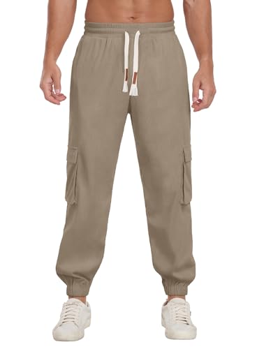 Askdeer Mens Corduroy Joggers Pants Casual Cargo Pants Drawstring Elastic Waist Baggy Tapered Sweatpants with 5 Pockets Khaki2
