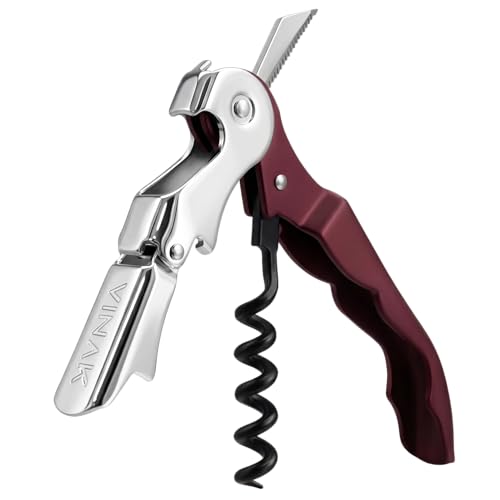 VINAK   Sacacorchos CAMARERO profesional en acero inoxidable con abrebotellas + doble apoyo articulado + navaja cortacápsulas y espiral teflonada (Burdeos)