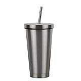 Tumblre Tasse à café Tasse à café en Acier Inoxydable Tasse Isotherme avec Couvercle et Paille Boisson Tasse de Voyage Tasse en métal Tasse à thé (Gris 500 ML)
