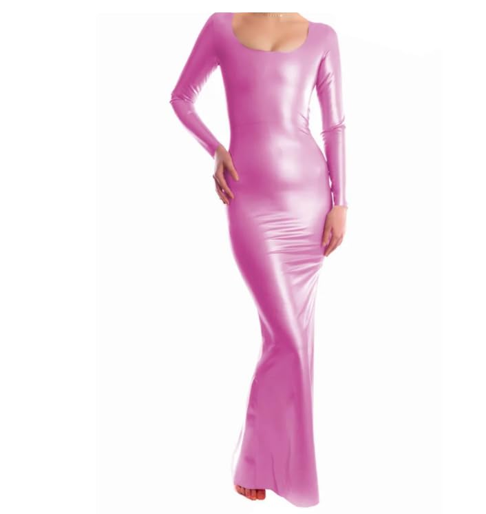Robe longue en PVC à manches longues et col rond pour femme, coupe ajustée, taille haute, fermeture éclair dans le dos, robe de soirée en cuir