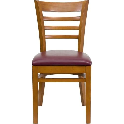 Image of Flash Furniture 2 Pack HERCULES Series Ladder Back Cherry Wood Restaurant Chair - Burgundy Vinyl Seat