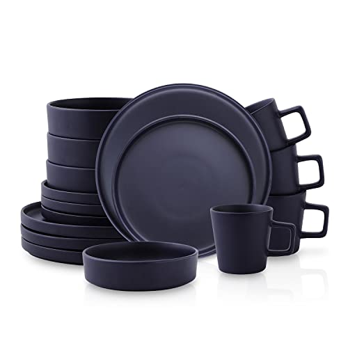 Image of Stone Lain Cleo Modern Stoneware 16-Piece Dinnerware Set, Plates and Bowls Set, Dish Set Service For 4, Dark Blue