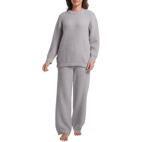 Image of BOSECETA 2 Piece Fleece Pajamas for Women Set Loungewear Outfits Knit Sweater Womens Long Sleeve Fuzzy Pajama Sets