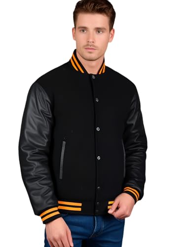 Image of Deckra Men's Varsity Jacket Genuine Leather Sleeve and Wool Blend Letterman Boys College Varsity Jackets XS-5XL