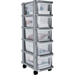 5 Drawer Slim Tower Storage Unit - Silver, Mounted on wheels for easy manoeuvrability, Size H103, W25, D39cm.