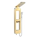 ELLO&ALLO Shower Panel Tower System with Shelf, Rainfall Shower Head and Rain Massage System with Body Jets, Stainless Steel Bathroom Fixtures, Brushed Gold&Chrome