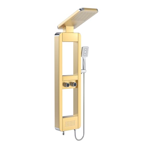 ELLO&ALLO Shower Panel Tower System with Shelf, Rainfall Shower Head and Rain Massage System with Body Jets, Stainless Steel Bathroom Fixtures, Brushed Gold&Chrome by ELLO&ALLO - Used condition - US$151.77
