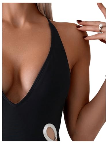 SweatyRocks Women's Halter One Piece Swimsuits Cut Out Deep V Neck Tummy Control Backless Bathing Suit4