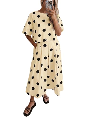 Tankaneo Womens Polka Dot 2 Piece Skirt Sets Summer Tie Back Tops Pleated Maxi Skirts Matching Set Beach Vacation Outfits