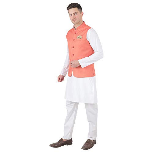 Image of TAHVO Men's Nehru Jacket /Waistcoat /Modi Jacket Cotton Fabric /Men 's 5 Button Nehru Jacket with Hanky Kurta Set