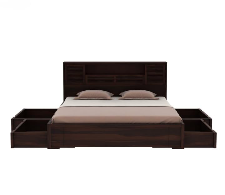 Image of Solid Sheesham Wood Bed with Storage | Wooden Bed with Drawer Storage & Designer Headboard | Strong & Durable Bed Frame for Bedroom Home & Hotel (Walnut Finish, King)