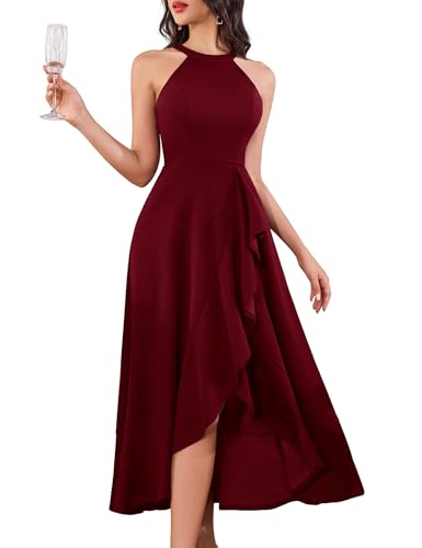 Image of Dressystar Womens 2026 Halter Slit Ruffle Wedding Guest Party Dress Elegant Maxi Long Sleeveless Formal Prom Cocktail Dresses