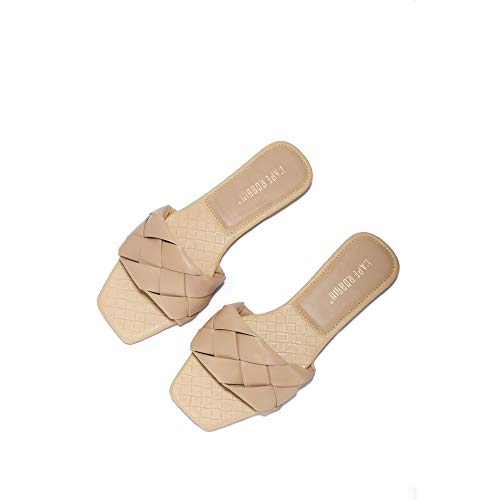 Cape Robbin Deja Sandals Slides for Women, Woven Womens Mules Slip On Shoes - Nude Size 6