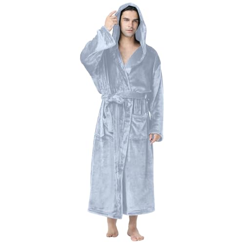 Generisch Albornoces largos para hombre, bata con capucha, albornoz mullido, cálido, de felpa, suave y ligero, conjunto de pijamas, juego de pijama masculino, casual y bolsillo, ropa informal, O gris