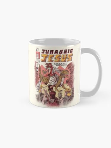 Image of Jurassic Jesus Printed Ceramic Mug 330ml - Funny Bold Design Coffee Cup - Microwave Safe Dishwasher Friendly - Novelty Gift Mug for Humor Lovers, Dino Fans, Religious Satire, Office Desk Use